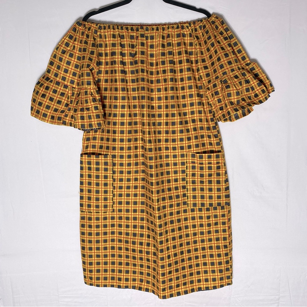 Handmade Yellow Red Black Floral Print Off Shoulder African Ankara Mini Dress M